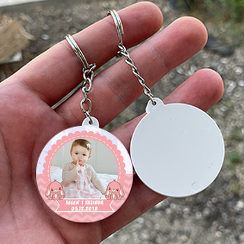 Pembe Tavşan Temalı Resimli Daire Plastik Anahtarlık