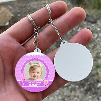 Pembe Tavşan Temalı Resimli Daire Plastik Anahtarlık