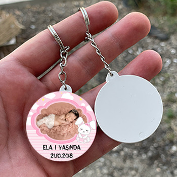 Pembe Tavşan Temalı Resimli Daire Plastik Anahtarlık