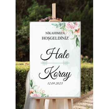 Pembe Turuncu Güller Soft Yeşil Fon Temalı Söz Nişan Nikah Dekota Karşılama Panosu