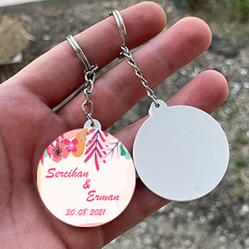 Pembe Turuncu Yapraklar ile Krem Fon Temalı Daire Plastik Anahtarlık