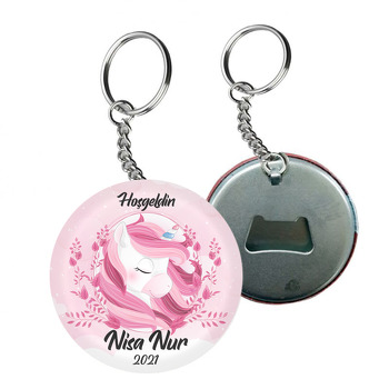 Pembe Unicorn ile Bahar Dalları Temalı Arkası Açacak Anahtarlık