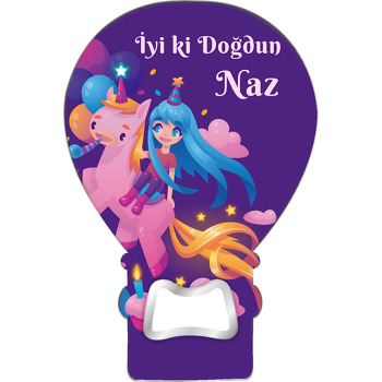 Pembe Unicorn ile Mavi Saçlı Kız Temalı Balon Ahşap Magnet 
