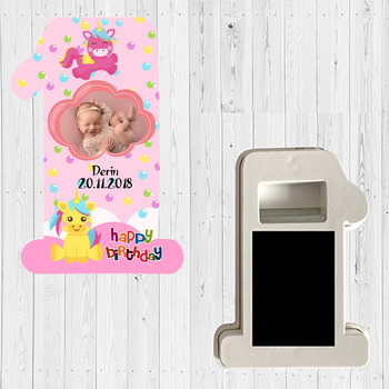 Pembe ve Sarı Unicorn Temalı Doğum Günü Magnet Açacak