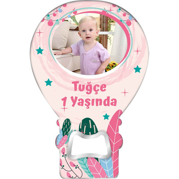 Pembe Yaprak ile Yeşil Yıldızlar Temalı Balon Ahşap Magnet 
