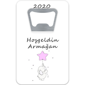 Pembe Yıldız Balonlu Fil Temalı Hoşgeldin Bebek Dikdörtgen Magnet Açacak