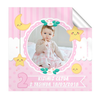 Pembe Yıldız Temalı 2 Yaş Doğum Günü  Kare Etiket