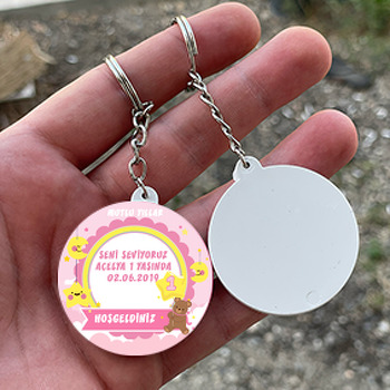 Pembe Yıldızlı Ayıcık Temalı 1 Yaş Daire Plastik Anahtarlık