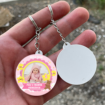 Pembe Yıldızlı Ayıcık Temalı Resimli 1 Yaş Daire Plastik Anahtarlık