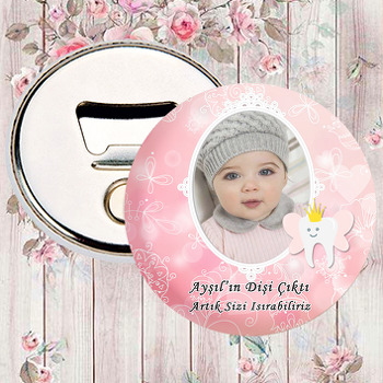 Pembe Zeminli Fotoğraflı Prenses Diş Temalı Diş Buğdayı Magnet Açacak