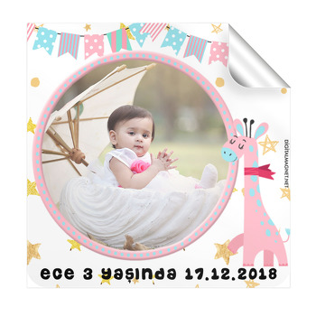 Pembe Zürafa Temalı Doğum Günü  Kare Etiket