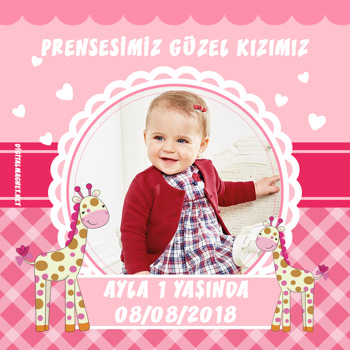 Pembe Zürafa Temalı Doğum Günü   Kare Parti Afiş