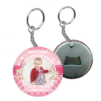 Pembe Zürafa Temalı Resimli Arkası Açacak Anahtarlık