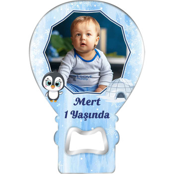 Penguen ile Kar Taneleri Temalı Balon Ahşap Magnet 