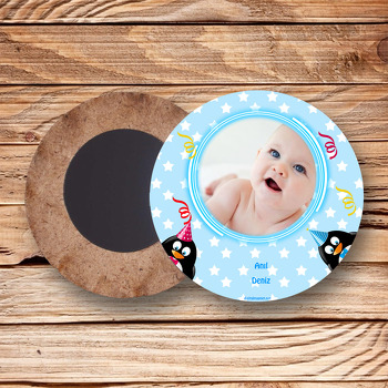 Penguen Temalı Ahşap Daire Magnet 01
