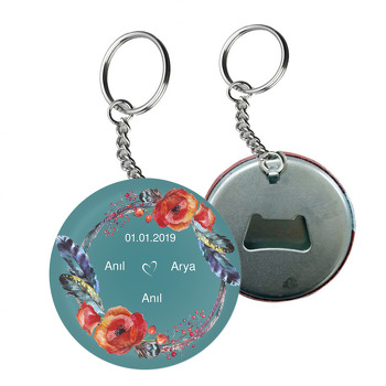 Petrol Yeşili Zeminli Kırmızı Çiçek Temalı Arkası Açacak Anahtarlık