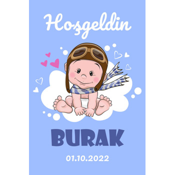 Pilot Bebek ile Mavi Fon Temalı Plastik Doğum Günü Magnet