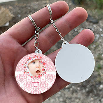 Pink Flower Temalı Resimli Daire Plastik Anahtarlık