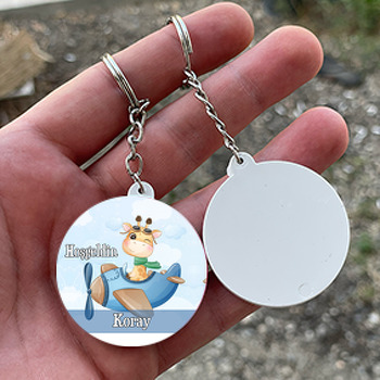 Planör ile Zürafa Temalı Daire Plastik Anahtarlık