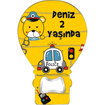 Polis Ayıcık ile Araba Temalı Balon Ahşap Magnet 