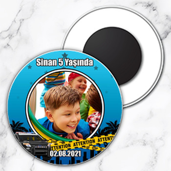 Polis Mavi Yıldız Fon Temalı Daire Plastik Magnet