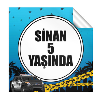 Polis Mavi Yıldız Fon Temalı Kare Parti Etiket