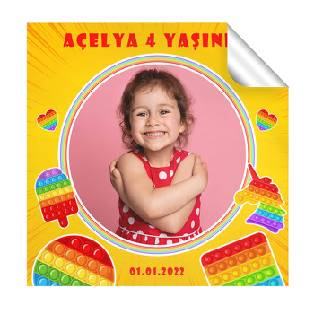 Popit Temalı Resimli Kare Parti Etiket