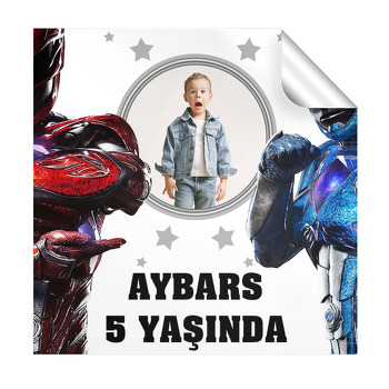 Power Rangers Mavi ile Kırmızı Temalı Kare Etiket