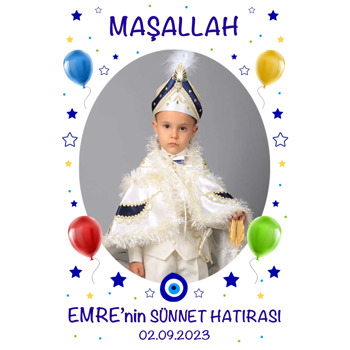 Renkli Balonlar ile Mavi Yıldızlarla Sünnet Hatırası Temalı Magnet