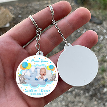 Renkli Balonlu Fil Temalı Resimli Daire Plastik Anahtarlık