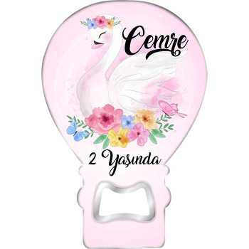 Renkli Çiçekler ile Beyaz Kuğu Pembe Fonda Temalı Balon Ahşap Magnet 