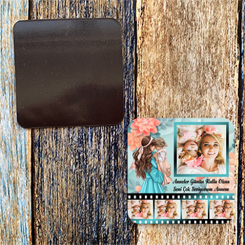  Renkli Çiçekler Ve Annem Temalı Film Şeritli Kare Magnet