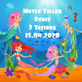 Renkli Denizkızları Temalı Kare Doğum Günü Afiş