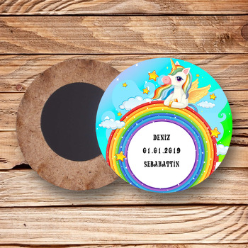 Renkli Gökkuşağı Ve Unicorn Temalı Ahşap Daire Magnet
