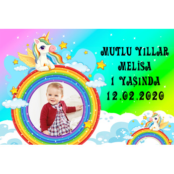 Renkli Gökkuşağı Ve Unicorn Temalı Doğum Günü Plastik Magnet