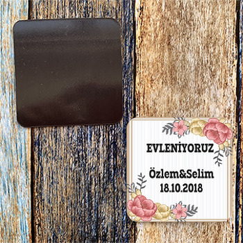 Renkli Güller Desenli Söz Nişan Nikah Temalı Kare Magnet