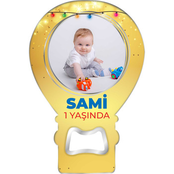 Renkli Işıklar ile Gold Işıltılı Fon Temalı Balon Ahşap Magnet 