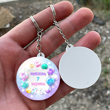 Renkli Işıltılı Balonlar ile Lila Fon Temalı Daire Plastik Anahtarlık