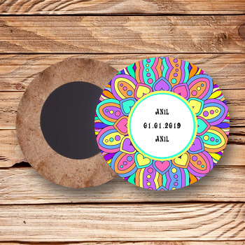 Renkli Kalpler Temalı Ahşap Daire Magnet