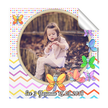 Renkli Kelebek Temalı Doğum Günü  Kare Etiket