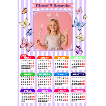 Renkli Kelebekler ile Pembe Flama Temalı Takvim Magnet