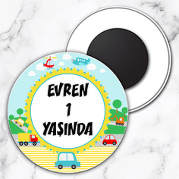 Renkli Taşıtlar Temalı Daire Plastik Magnet