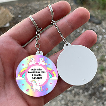 Renkli Unicorn Temalı Daire Plastik Anahtarlık