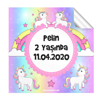 Renkli Unicorn Temalı Kare Etiket