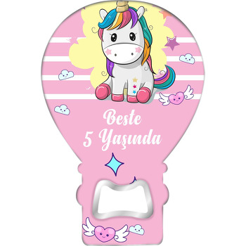 Renkli Yeleli Unicorn ile Pembe Fon Temalı Balon Ahşap Magnet 
