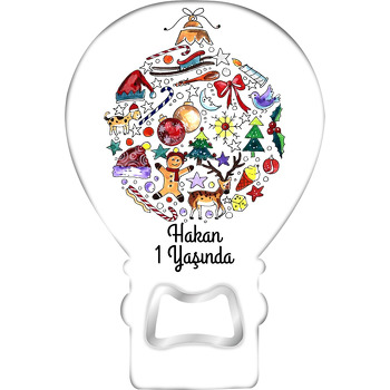 Renkli yılbaşı Çizimleri ile Beyaz Fon Temalı Balon Ahşap Magnet 