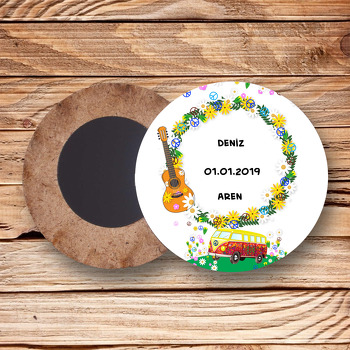 Retro Desen Temalı Ahşap Daire Magnet