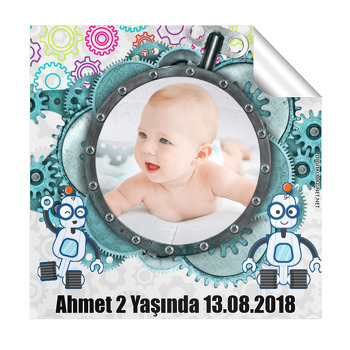 Robot Temalı Doğum Günü  Kare Etiket