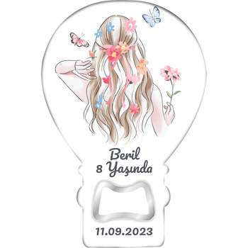 Saçlarında Çiçekler ile Kelebeklerle Kız Temalı Balon Ahşap Magnet 