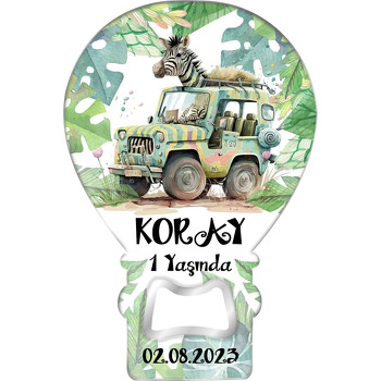 Safari Arabalı Zebra ile Yapraklar Temalı Balon Ahşap Magnet 